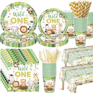 Funnymoom 452 Pcs Wild One Birthday Party Decorations for 50, Safari Jungle Wild One Paper Plates Napkins Cups Tablecloth Cutlery Straws for Boys Kids Woodland Themed First Birthday Party Supplies
