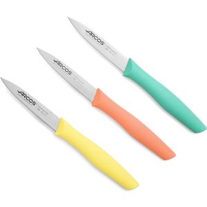 Arcos Paring Knife Set of 3 Pieces 4 Inch Stainless Steel. Colorful Kitchen Knives for Peeling Fruits and Vegetables. Ergonomic Polypropylene Handle. Series Nova. Color Orange, Yellow and Blue.