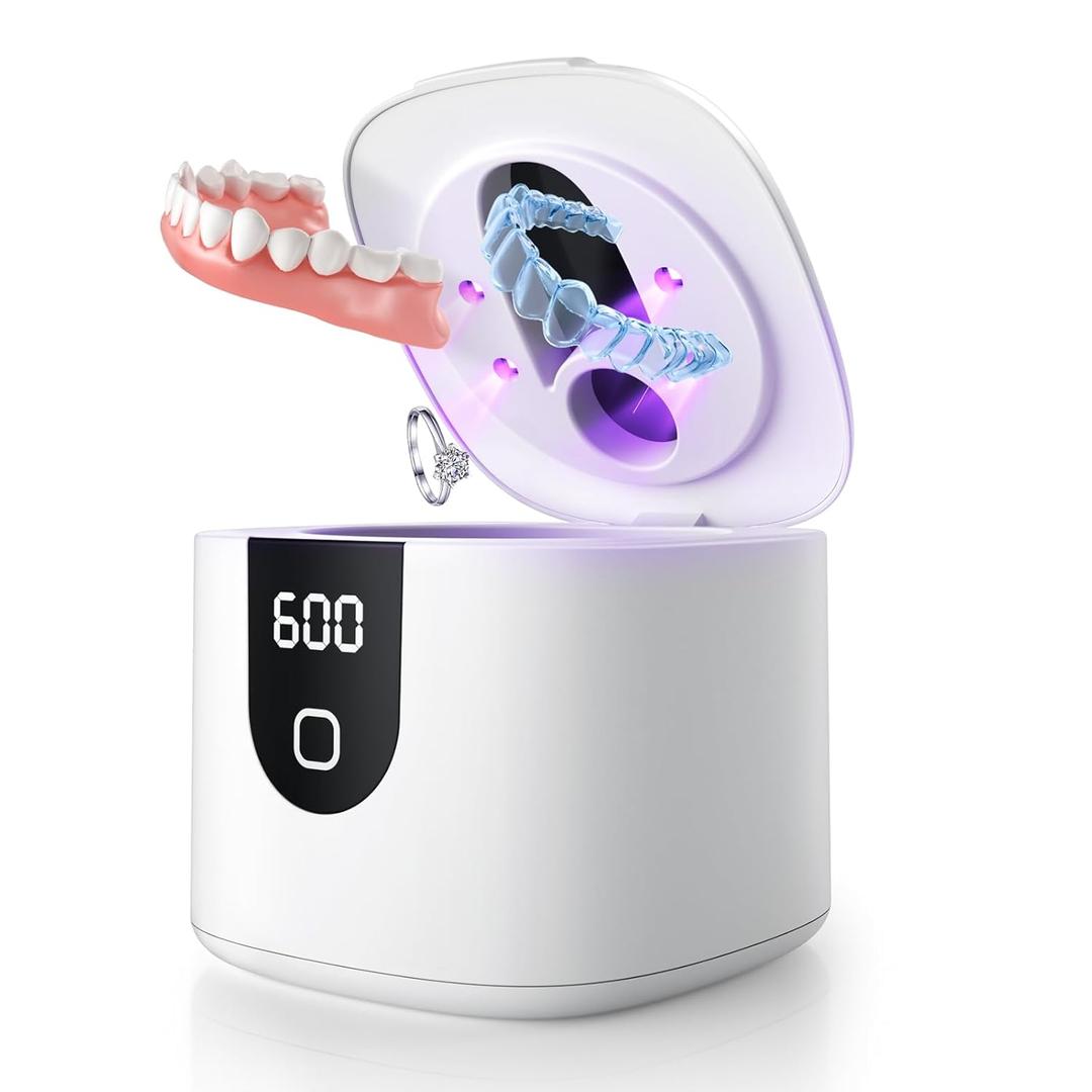 2025 Enhanced Ultrasonic Retainer Cleaner, 2X Efficiency, 45kHz Dentures Cleaner Machine with UV Lights&4 Clean Modes, Dental Cleaning Pod for Aligner, Nightguard, Mouth Guards, Jewelry, Rings, etc (White)