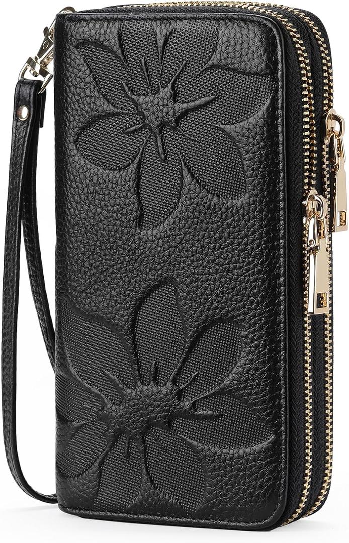 GOIACII Women's Wallet Large Capacity Double Zip Ladies Card Phone Holder RFID Blocking Wristlet Leather (A01 Black)