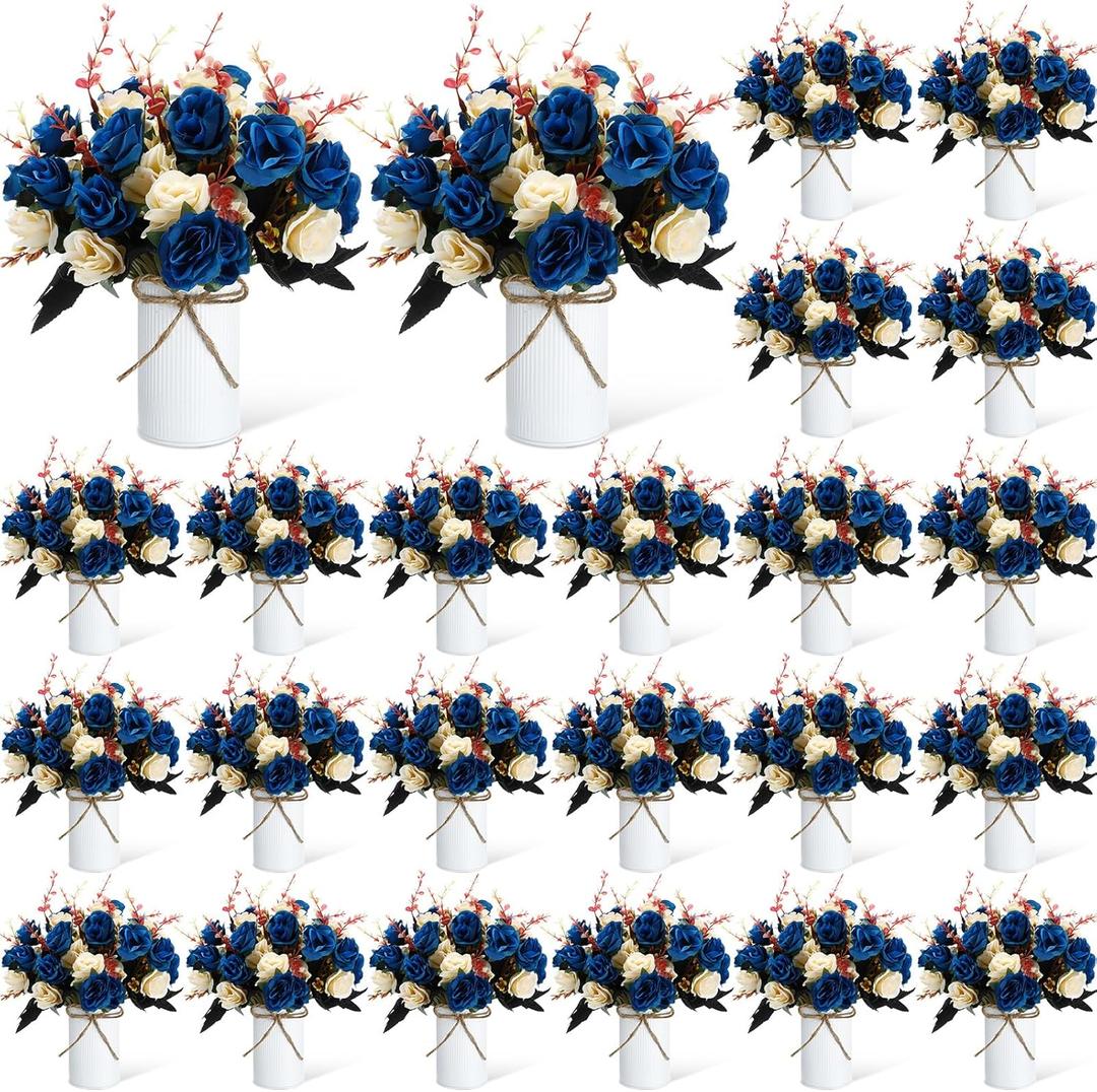 Domensi 24 Sets Wedding Table Centerpiece Artificial Flowers with Vase 48 Pcs Fake Bouquets 24 Pcs Metal Vases Floral Arrangements for Holiday Party Event Table Decor(Dark Blue)