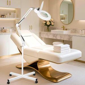 10X Magnifying Glass with Light and Stand, 24W & 2200 Lumens Infinite Warm-Cold Dimming Mag Lamp for Estheticians, 2-in-1 LED Floor Lamp with 4 Wheel Rolling Base for Crafts Reading Facial Nail, White 