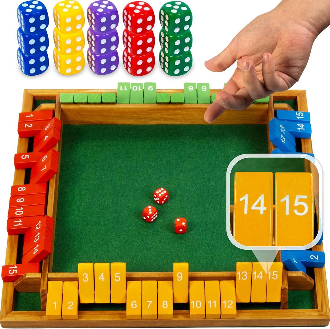Queensell Shut The Box Game Wooden Board for 4 Players 15 Numbers Shut The Box Game Classic Shut The Box Dice Game for Adults & Kids Family Board Game
