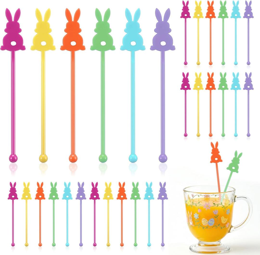 30 Pcs Easter Drink Stirrers Rabbit Swizzle Sticks Colorful Bunny Drink Stirrers Reusable Plastic Stir Stick for Cocktail Coffee Tea Hot Cocoa Easter Spring Party Brunch Beverage 6 Inch
