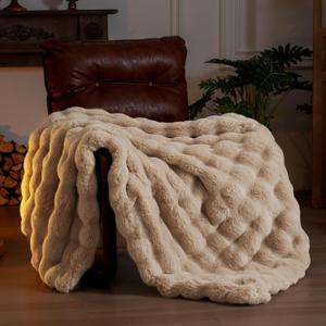 Faux Fur Throw Blanket for Couch Bed - Fluffy Soft Thick Bubble Blanket for Living Room Home Decor - Fathers Day Birthday Gifts for Women Men, Black, 60" x 80"