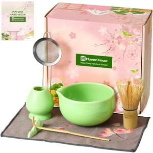 Maestri House Matcha Whisk Set, 7-Pc Complete Matcha Kit with Spouted Ceramic Bowl, Bamboo Whisk and Holder, Scoop, Spoon Rest & Sifter, Tea Cloth  Ideal Gift for Matcha Lovers (Green)