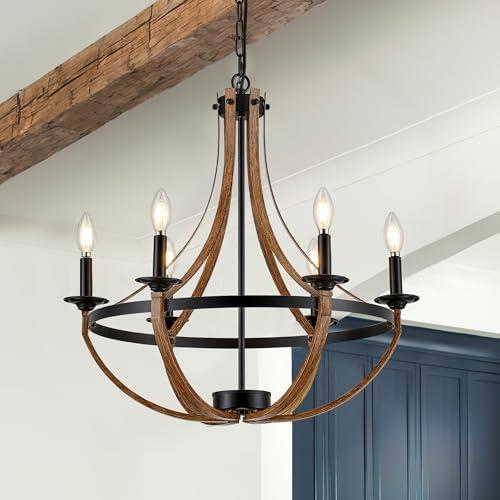 Farmhouse Chandeliers for Dining Room, 6-Light 24 inch Rustic Candle Ceiling Light Fixture, Faux Wood Texture Chandelier for Hallway Foyer Entryway Kitchen Island Bedroom