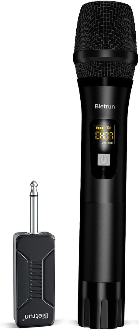 Bietrun Wireless Microphone, Dynamic Microphone with Rechargeable Receiver, Auto Connect,All Metal Design,160ft Range,Cordless Mic for Karaoke Machine,Amplifier Speaker,Mixer,iPhone,Camera, Interview (Black)