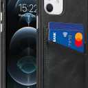 LUCKYCOIN for iPhone 12 Wallet Phone Case with Credit Card Holders,Retro Genuine Leather Purse Covers with Metal Buttons,Durable Shokproof Protective Bumper Case Raised Bezel Design-Black