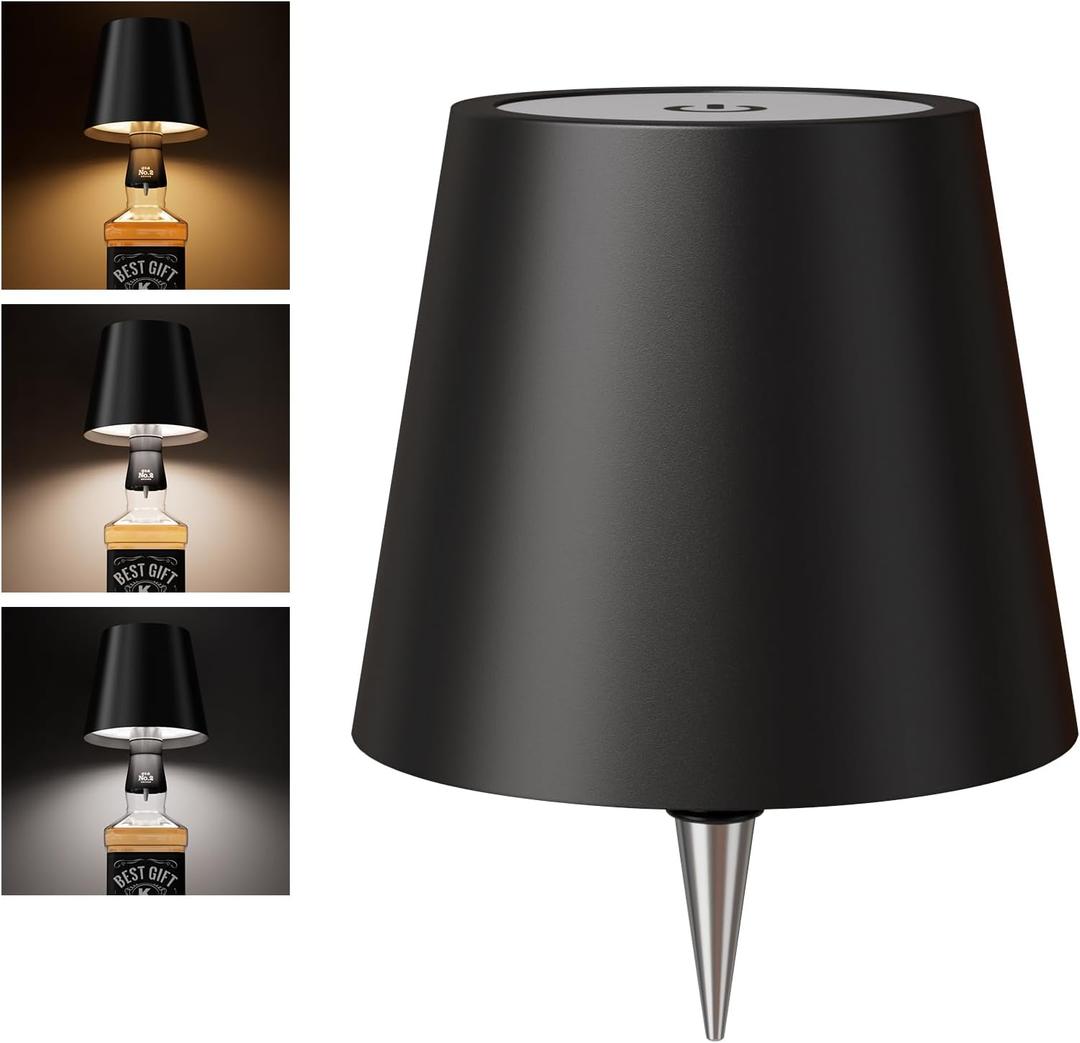 Wireless Bottle Lamp Shade - Portable LED Wine Bottle Lamp with Stopper, 3 Color Stepless Dimming Rechargeable Touch Wine Bottle Lights for Any Liquor Bottle Bars Restaurants (Black, 1 Pack)