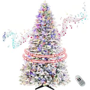 Rotating Flocked Christmas Tree 7ft - Prelit Musical Artificial Xmas Tree with Remote Control, 1220 PE & PVC Mixed Tips, 8 Modes 380 Multicolor LED Lights for Holiday Decor