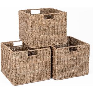 Seagrass Storage Baskets, 12X12X10in Cube Wicker Storage Basket for Shelves, Pantry Baskets Organization and Storage, Kitchen Storage Baskets, Bathroom Shelves Storage Basket Set of 3