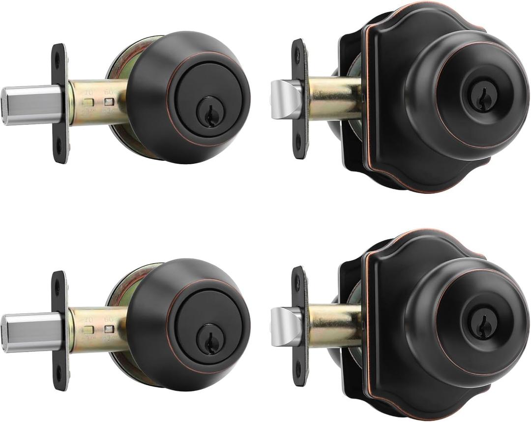 Haidms Exterior Deadbolt and Keyed Entry Bronze Door Knob Set, Keyed Entry-Different Front Door Knobs, Deadbolt Oil Rubbed Bronze Doorknob with Lock and Key(2 Pack)