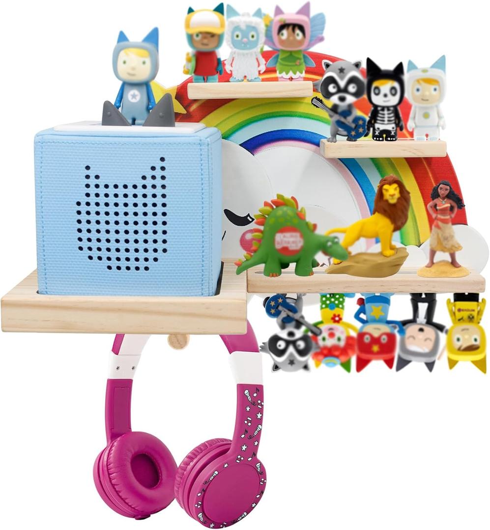 Wall Shelf (Rainbow) for Toniebox, Headphones,Charging Station and 18-24 Tonie Figures, Magnetic Wooden Floating Shelf Compatible with Toniebox MP3 Audio Player & Character, Storage Rack for Kids