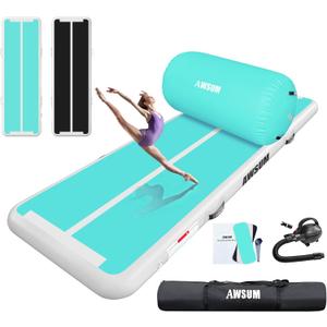 AWSUM 10ft Gymnastics Mat with Air Roller Tumbling Barrel Back Somersault Backbend Trainer for Inflatable Gymnastics Springboard Back Handspring Equipment, with Electric Pump