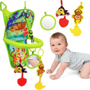 OKOOKO Car Seat Toy Rear Facing Car Seat Toy Baby Travel Toy Kick and Play with Baby Mirror Thickened Pad Adjustable Sensory Toy for Newborn Infant (Jungle)