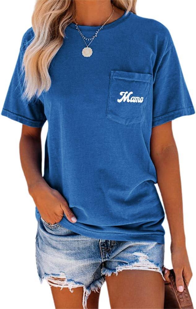NIUBIA Women's Letter Print Basic Crew Neck Tee Summer Short Sleeve T-Shirt with Pockets Loose Fitting Tops (Large, Blue)
