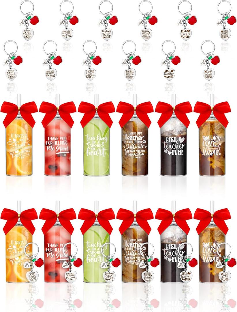 Skylety 12 Sets Teacher Appreciation Gifts in Bulk 13.5 oz Reusable Coffee Cups with Lid Straw Keychain Bows Thank You Teacher Gifts Back to School Party Favor Employee Office Supplies (Round)