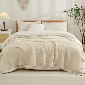 EMME Cotton Blanket Queen Size for Bed Soft Large Muslin Bed Blankets 90"x90" Lightweight Breathable Coverlet Bedspread All Season Gauze, Light Tan