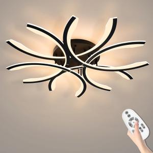 Modern LED Flush Mount Ceiling Light - 12 Lights Dimmable Close-to-Ceiling Fixture with Remote Control, 144W 3000K-6500K Adjustable Color Temperature for Bedroom, Living Room (Black)