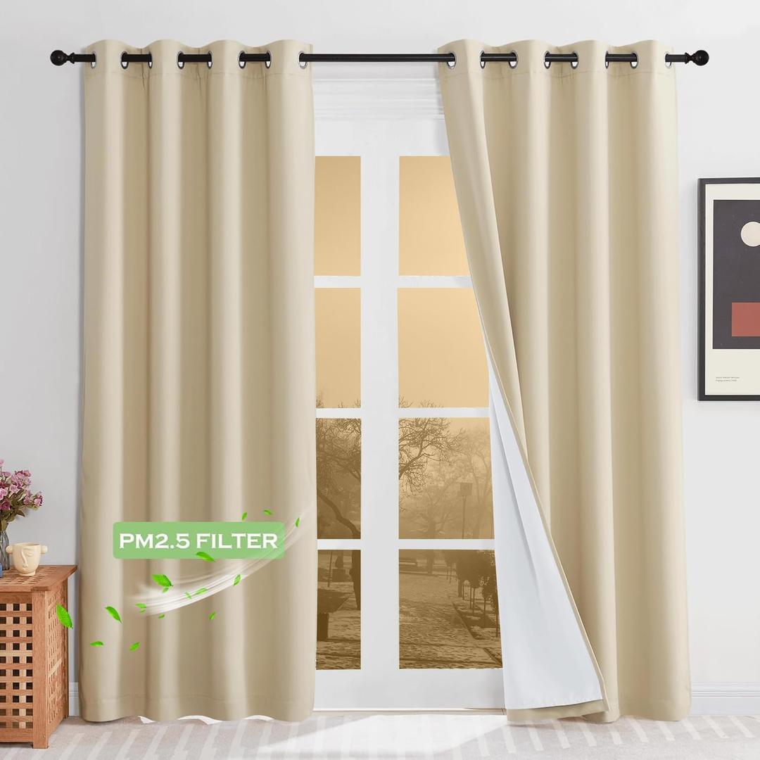 KGORGE 4-in-1 Soundproof Anti Dust 100% Blackout Curtains with Melt-Blown Layer Noise Reducing Thermal Insulating Window Drapes for Bedroom Nursery, W 52 x L 84, Beige, 2 Panels
