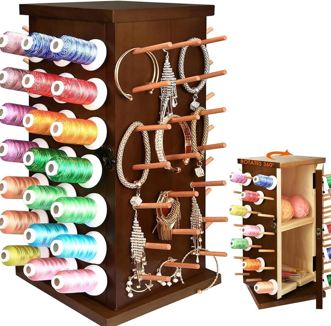 Wooden 84 Spools Thread Rack/Thread Holder Organizer with Inner Storage Compartments, 360 Fully Rotating Thread Storage Organizer for Sewing, Embroidery, Hair-braiding and Jewelry (Brown)