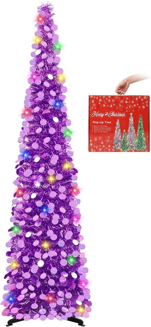 MACTING Christmas Pop up Tree with 50 LED Lights Timer 5FT Collapsible Tinsel Pencil Tree Easy-Assembly Coastal Glitter Artificial Tree for Porch Apartment Corner Halloween Xmas Decor,Light Purple