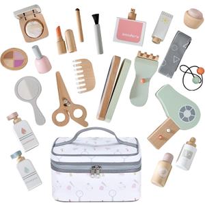 22 PCS Wooden Makeup Toy Set,Toddler Makeup Kit,Cute Fake Makeup Accessories with Storage Bag,Non-Toxic Pretend Roleplay Beauty Salon Toys,Kid Gift for Girls Boys 3 4 5 6