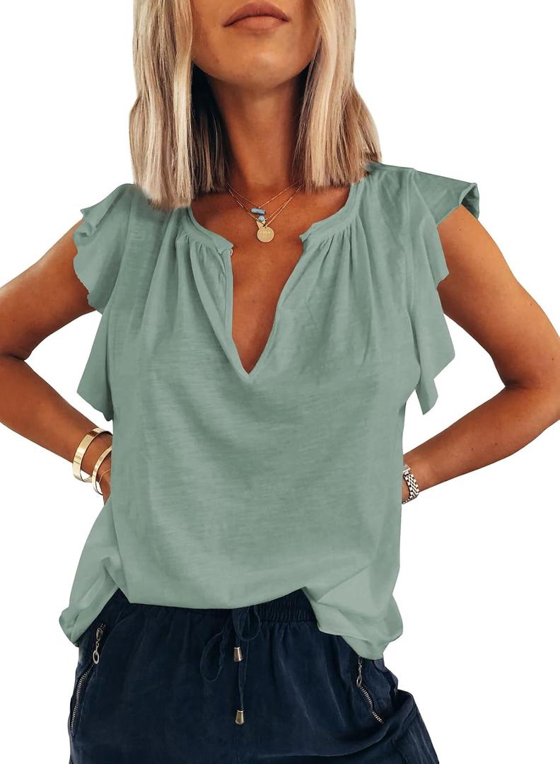 Dokotoo Women's Casual V Neck Ruffle Sleeve Summer Tank Tops Shirts