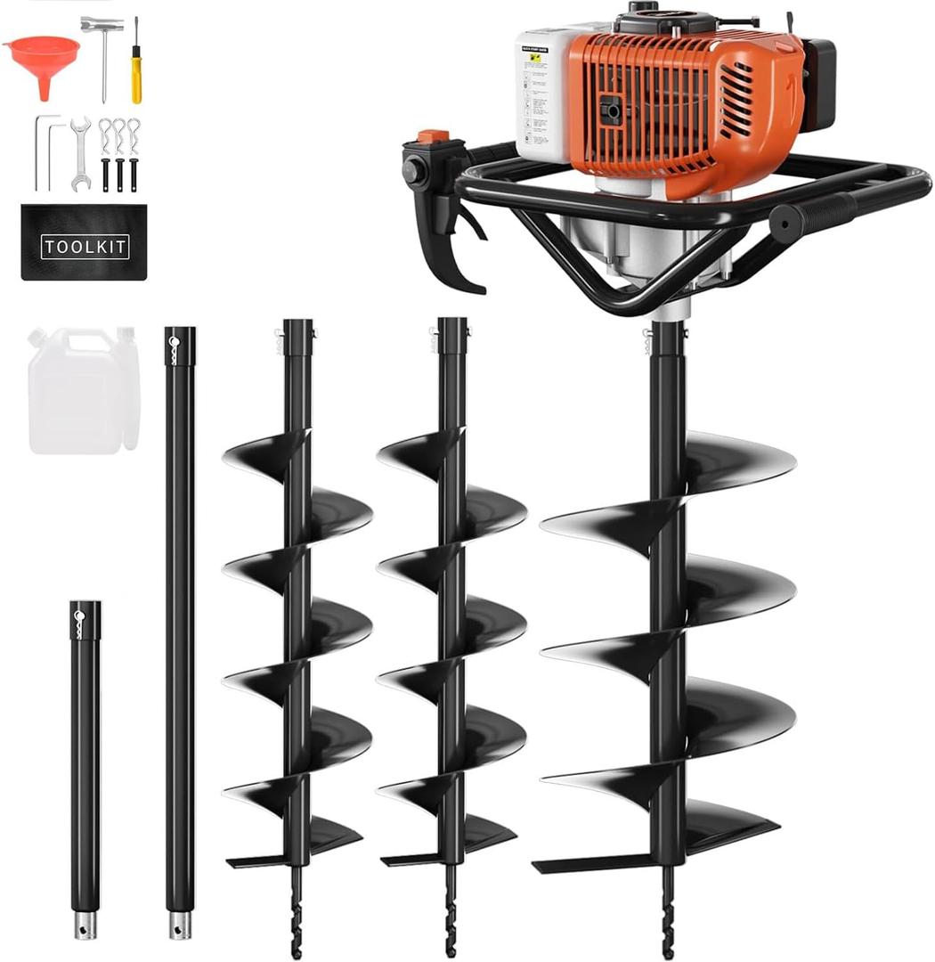 Post Hole Digger, 72cc Auger Post Hole Digger, Gas Powered Earth Digger with 2 Auger Drill Bits(6" & 8") + 2 Extension Rods31.5" & 15", for Farmland, Garden and Plant (72CC)