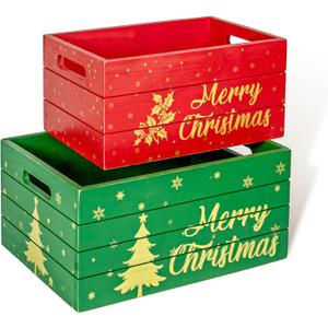Red Co. Set of 2 Red and Green Decorative Nesting Wooden Merry Christmas Storage Crate Organizers with Golden Lettering