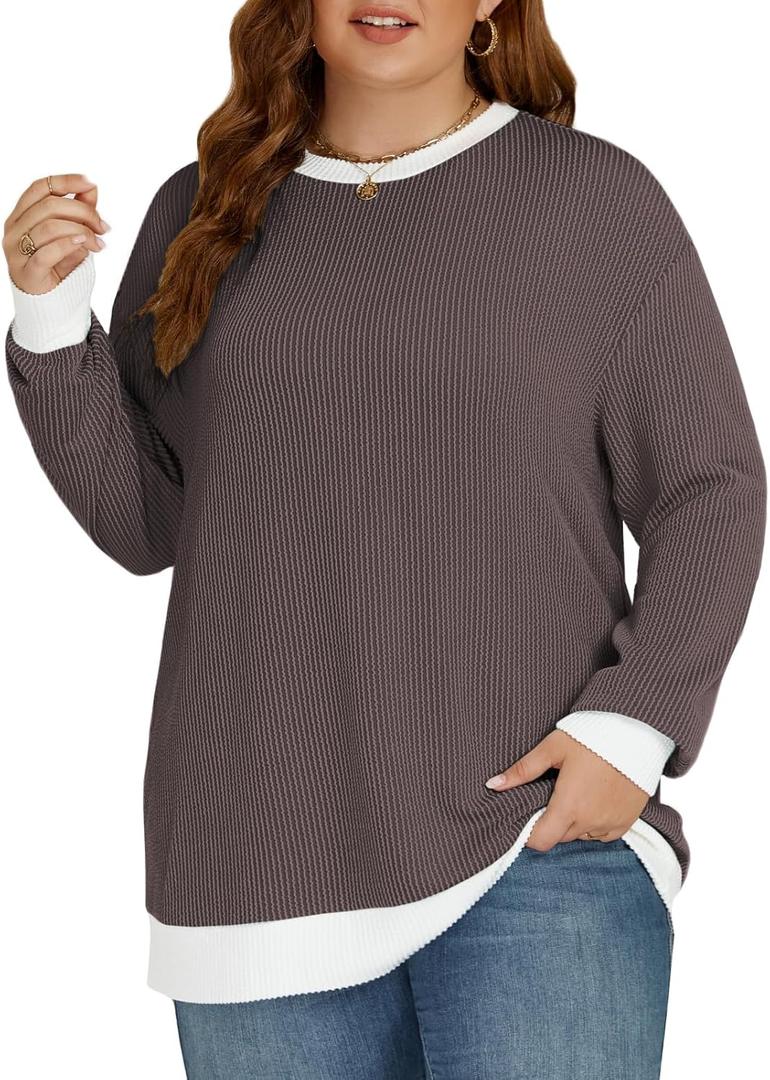 VISLILY Womens-Plus-Size-Tops Trendy Color Block Long Sleeve T Shirts Casual Loose Tunics Cute Knit Crewneck Blouses XL-5XL (XXL)