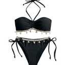Floerns Women's Halter Bikini Sets Starfish Swimsuit Tie Side Thong Bathing Suit Black Small (S)