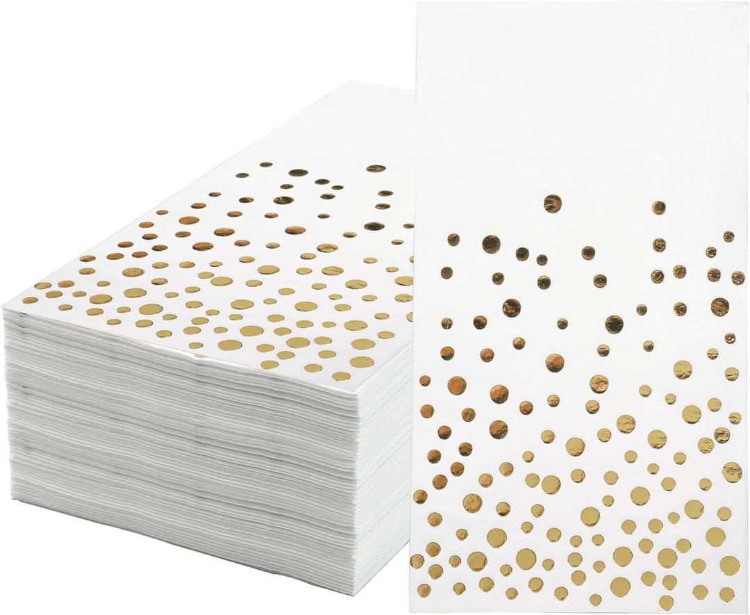 Pack of 120 Gold Foil Guest Napkins White and Golden Polka Dots Disposable Hand Towels Metallic Dinner Paper Napkins for Wedding Baby Bridal Shower Bathroom Party Supplies