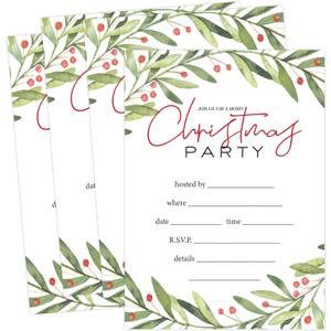 Whaline 25 Pack Christmas Party Invitation Cards Holly Greenery Watercolor Leaves&Berries Invitation Paper Cards with Envelopes Xmas Holiday Party Invites