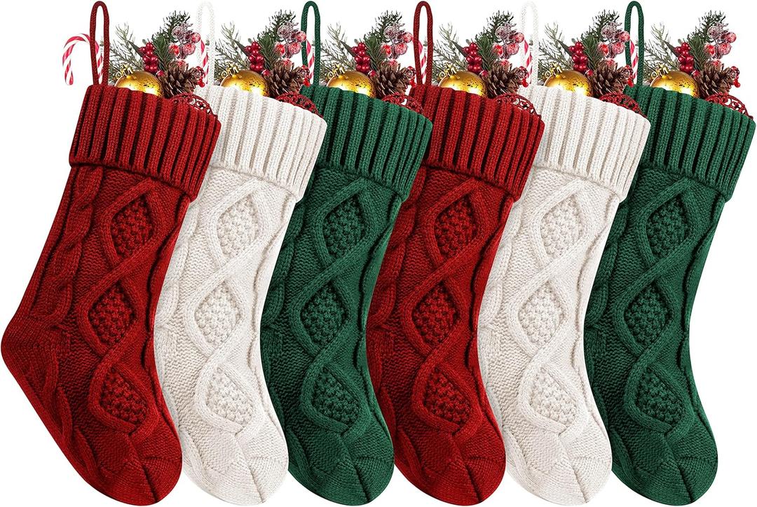 Fesciory Christmas Stockings, 6 Pack 14" Large Knit Stocking & Decor for Family Holiday Xmas Party Gift, Burgundy&Ivory&Green