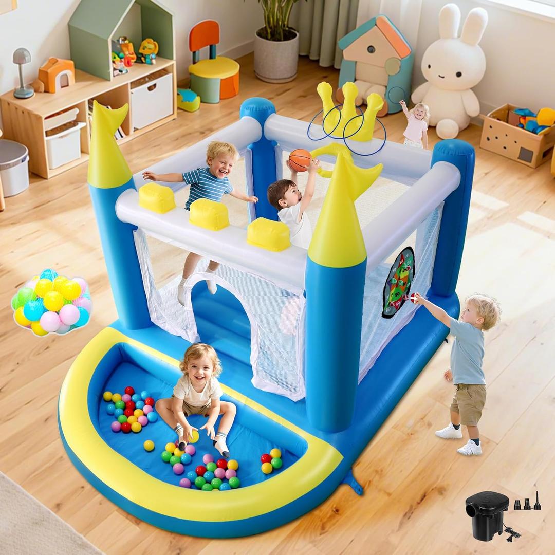 Mini Inflatable Bounce House with Ball Pit, 5 in 1 PVC Kids Bouncy Castle with Electric Air Pump, Small Crown Jump House for Kids Ages 3-8, Toddlers Playhouse Bouncer, Indoor/Outdoor