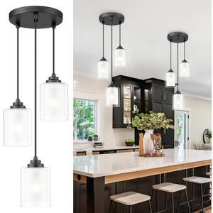 TENGXIN 3 Light Pendant Light,Matte Black Modern Pendant Light for Kitchen Island,Hanging Light with Dual Glass Shade,Farmhouse Pendant Lights for Dining Room,Bedroom,TXPLBK04