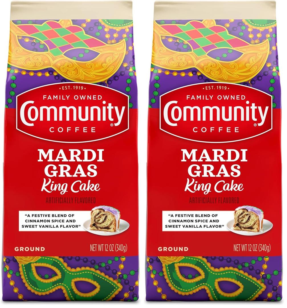 Community Coffee Mardi Gras King Cake Flavored 12 Ounces, Medium Roast Ground Coffee, 12 Ounce Bag (Pack of 2), Best By 09/15/2024