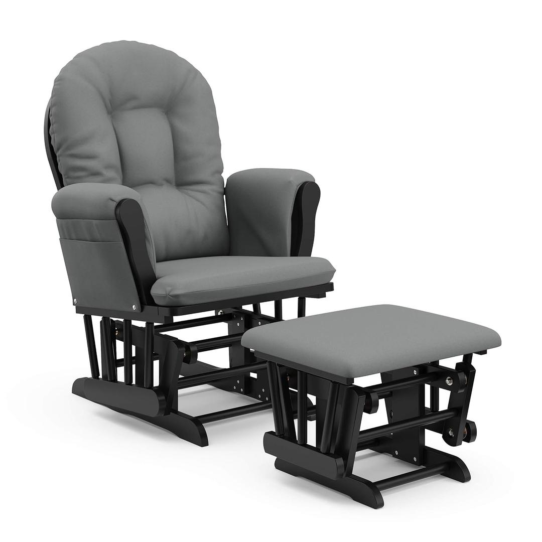 Storkcraft Premium Hoop Glider & Ottoman (Black with Gray) GREENGUARD Gold Certified, Solid Wood Craftsmanship, Convenient Storage Pockets, Smooth-Gliding Chair for Nursery, Multi-Award-Winning