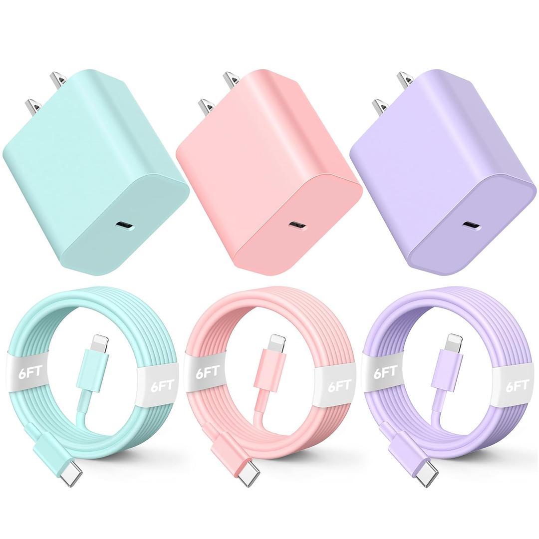 for Phone Charger Fast Charging, 20W PD USB C Wall Charger Block with 3 Pack 6 FT Type C to Lighting Cable Compatible with iPhone 14/13/12 Pro Max/11/XS/XR/X/8/Plus (PurplePinkGreen)