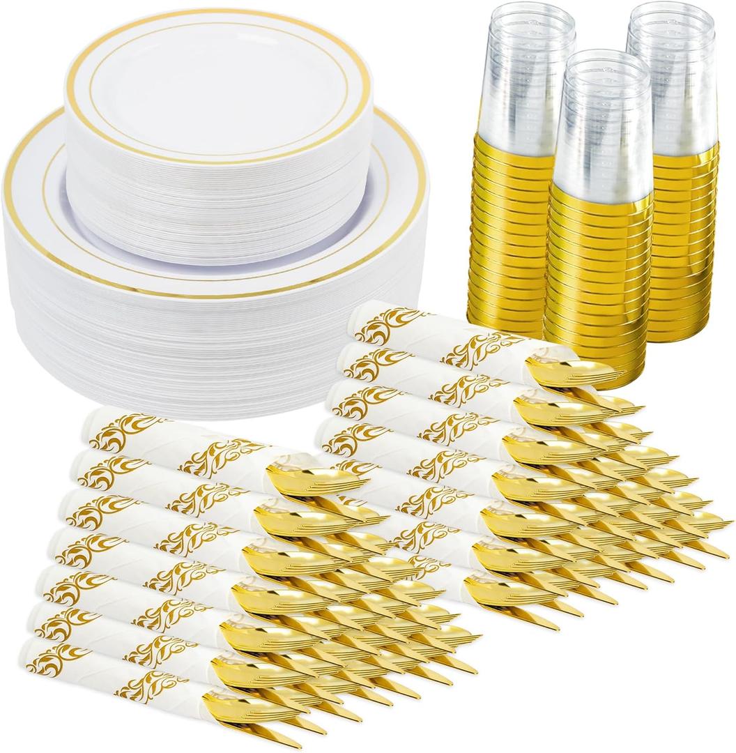 350 Pieces Gold Disposable Plates for 50 Guests, Disposable Plastic Plates for Party, Wedding, Dinnerware Set of 50 Dinner Plates, 50 Salad Plates,50 Cups and 50 Paper Napkins, Gold
