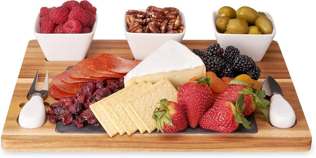 Twine Acacia & Slate Cheese Board Set - Charcuterie Board Bowls and Knives - Slate Cheese Tray Wood Cheese Board - 7-Piece Set of 1, Brown