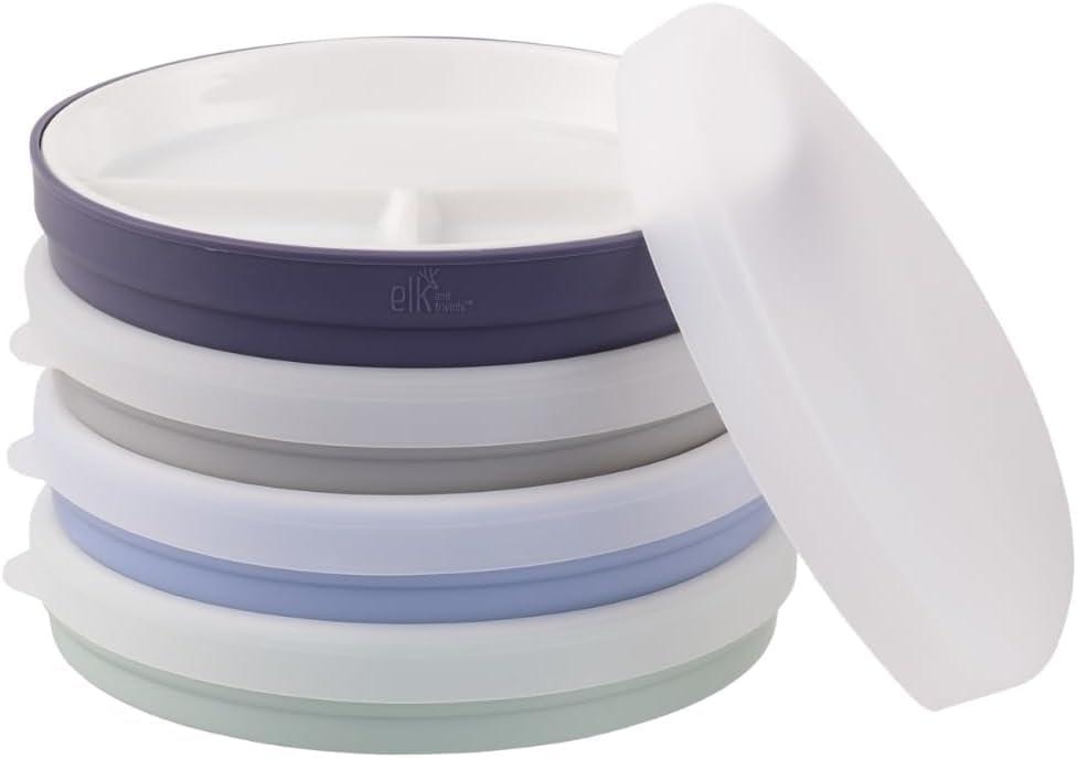 Elk and Friends Kids 7.8 Porcelain White Plates with Silicone Sleeves + Lids | Divided Plates | Suitable for Kids/Toddlers | Microwave & Dishwasher Safe | Non Slip | Snack Dishes (Sage/Navy/Gray/Misty Blue)