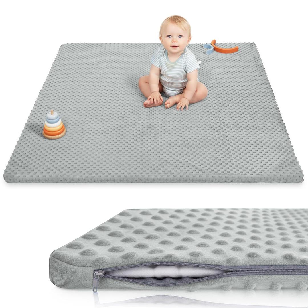 Baby Floor Play Mat for Playpen, Extra Thick 50"x50" Padded Mat with Ultra Soft 3D Minky Dot & Removable Washable Cover, Non-Slip & Safe for Crawling,Tummy Time,Infant/Toddler (Grey)