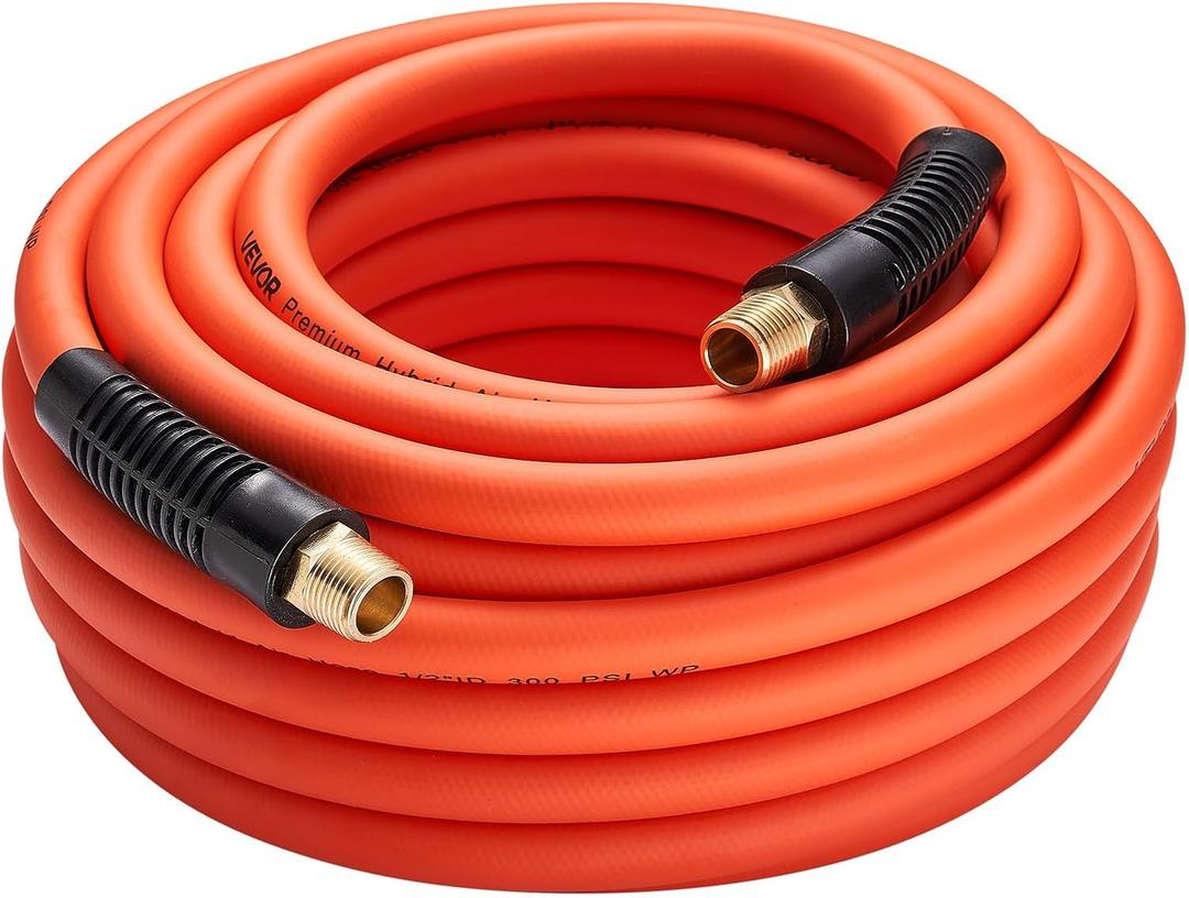 VEVOR Air Hose, 1/2" x 50FT Hybrid Air Compressor Hose, 300 PSI Kink-Resistant Pneumatic Hoses with 1/2-inch Solid MNPT Bras Fittings, Three-Layer Construction, All-Weather Flexibility