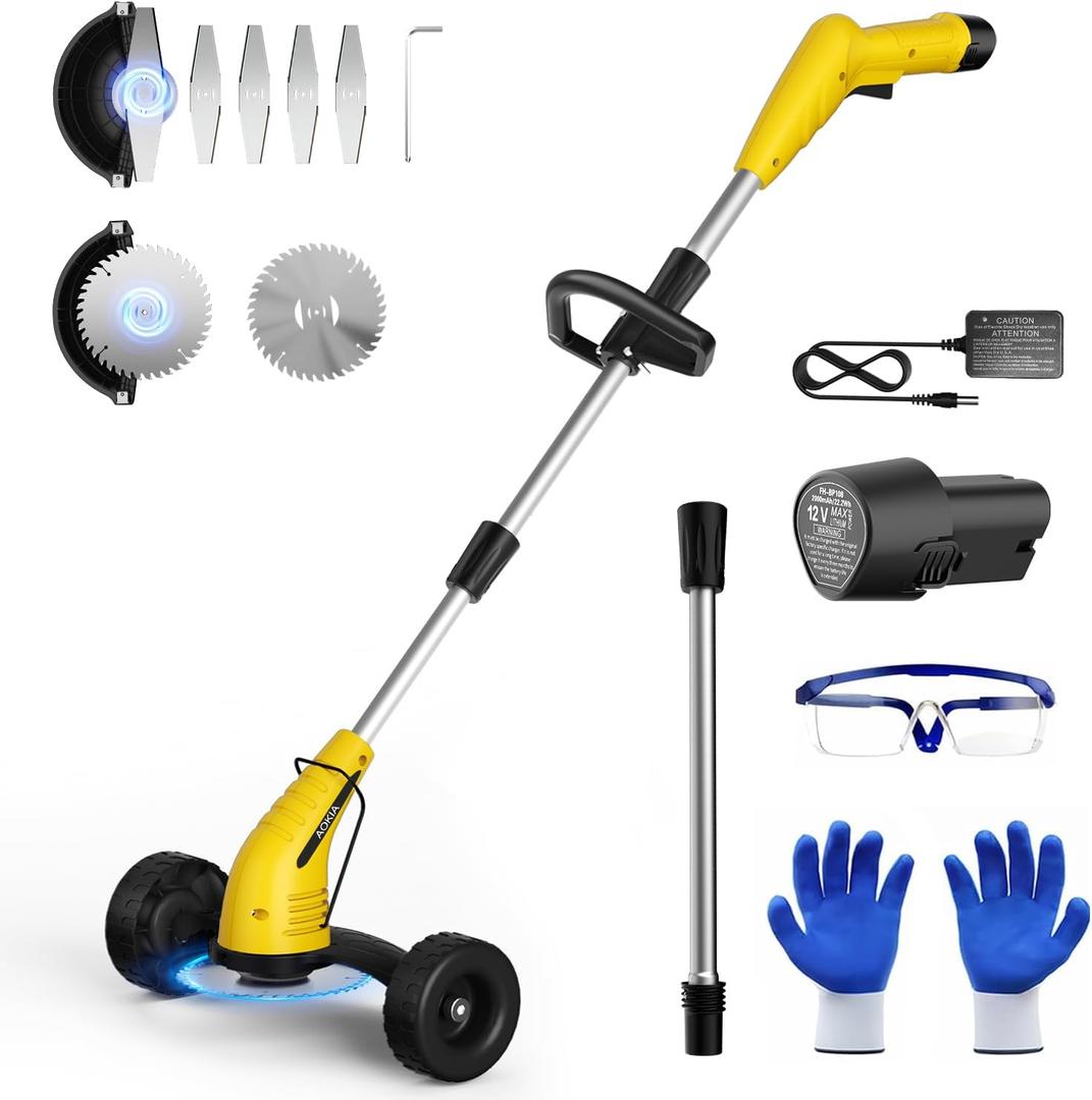 Aokia Weed Wacker Cordless for Lawn: Grass Mower with Roller - 2.0Ah Battery Powered for Hedge Clearance Yard Cutting Tree - String Trimmers for Garden Cutter Handyman Landscaper (Yellow)