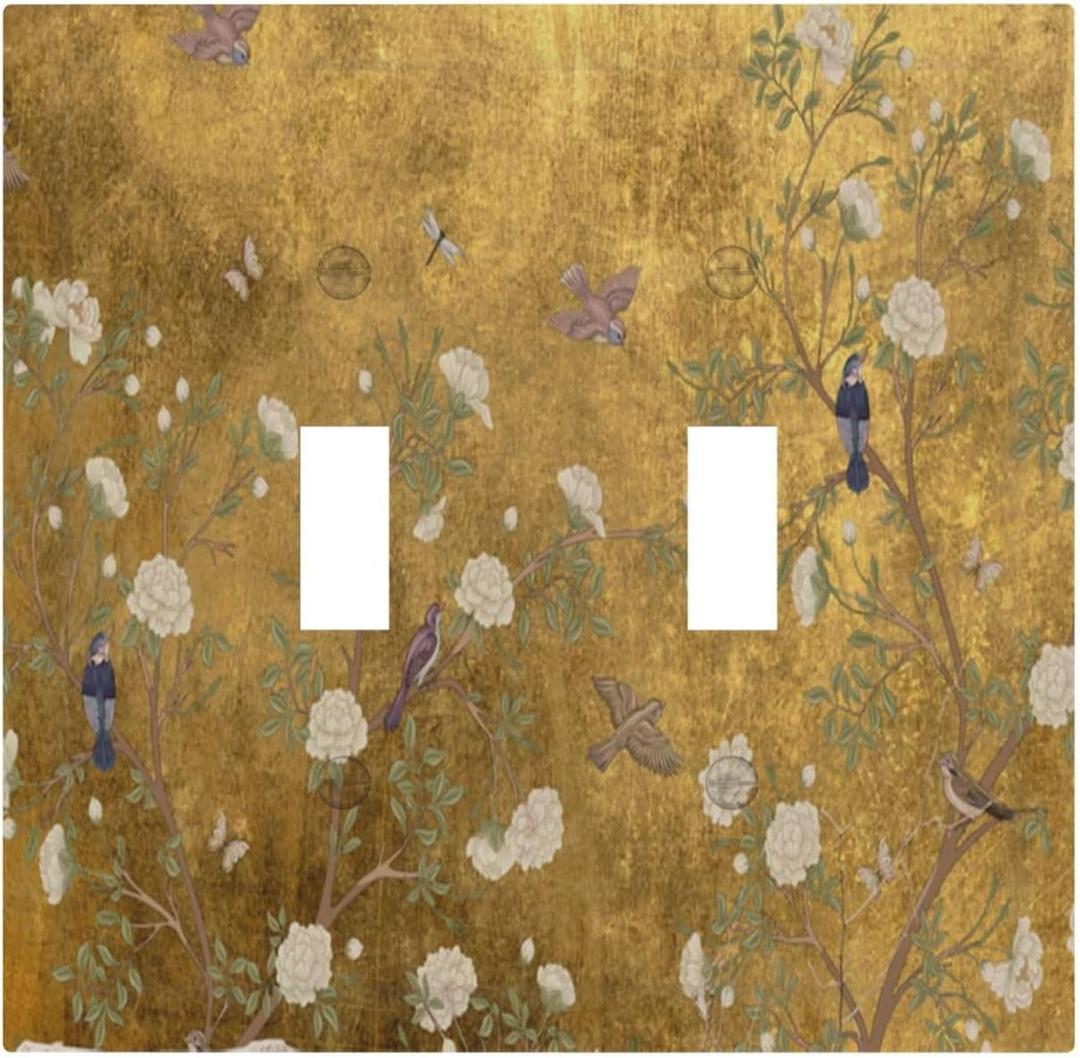 Decorative Switch Plate Covers Vintage White Flowers Birds on Golden Background 2 Gang Light Switch Cover Plate Unique Double Toggle Wall Plate Light Switch Covers for Home Decor
