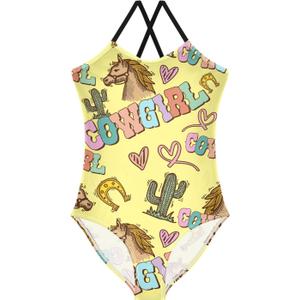 Girls Summer Swimwear Ice Cream Cartoon Duck Toddler Girls One-Piece Swimsuit 3-10T (5-6 Years, Fun Cowgirl Horse)