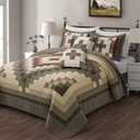 5 Peice Cotton Queen Size Bed Quilt Bedding Set Green Cream Quilt Sets with Shams Patchwork Plaid 96"x96" Farmhouse Bedspread Coverlets Set